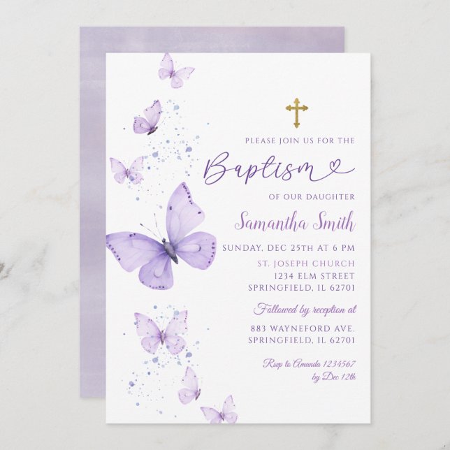Invitation Minimaliste Lilac Purple Papillon Girl Baptême (Devant / Derrière)