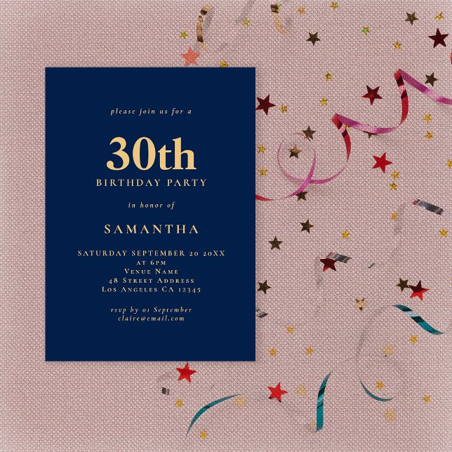 Invitation Minimaliste Marine Blue Gold 30e anniversaire (Créateur téléchargé)