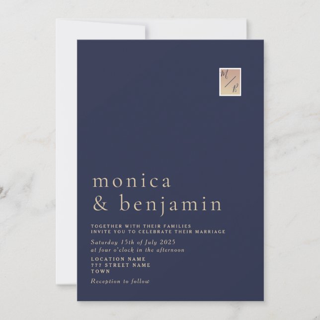 Invitation Minimaliste Marine Blue Gold Monogram (Devant)