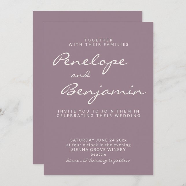 Invitation Minimaliste moderne Dusty Mariage de script violet (Devant / Derrière)
