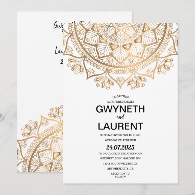 Invitation Minimaliste moderne Golden Luxe Mandala Mariage (Devant / Derrière)