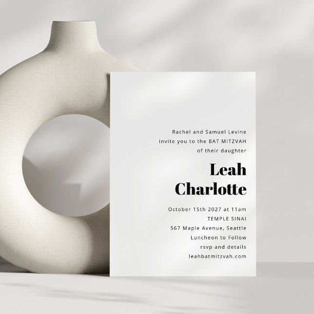 Invitation Minimaliste moderne noir blanc Bat mitzvah simple (Créateur téléchargé)