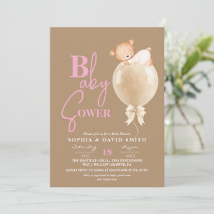 Invitation Minimaliste Moderne Ours Brun Rose Ballon Baby Sho