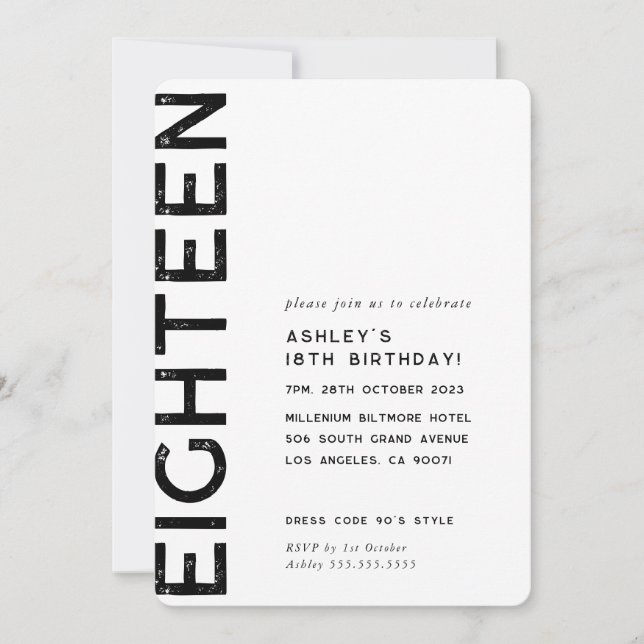 Invitation MINIMALISTE moderne simple 18 ans (Devant)