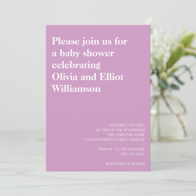 Invitation Minimaliste moderne simple Baby shower mou violet (Debout devant)