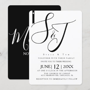 Invitation Minimaliste Monogrammé en forme de cœur noir et bl