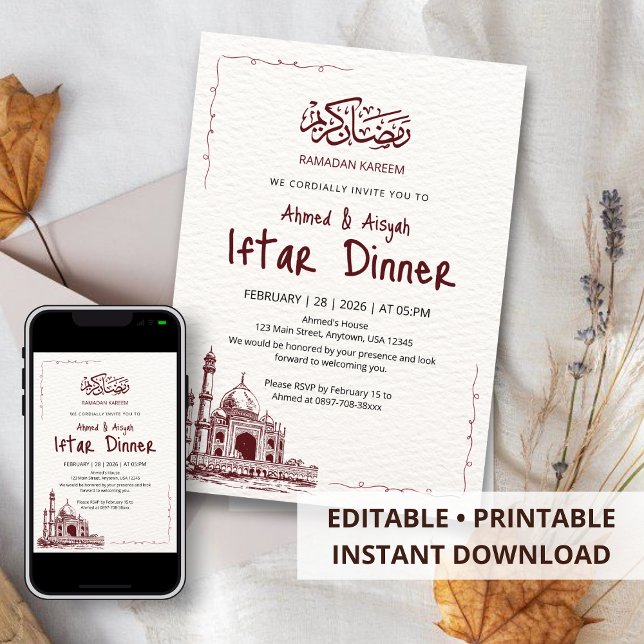 Invitation Minimaliste Mosquée Marron Ramadan Ifta (Créateur téléchargé)