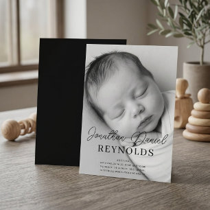 Invitation Minimaliste Naissance Complète Photo Noir et Blanc