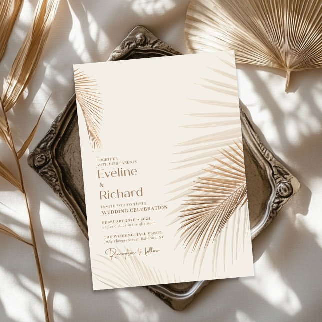 Invitation Minimaliste neutre feuilles séchés tropicaux terre (Minimalist neutral earthy tropical dried leaves invitation)