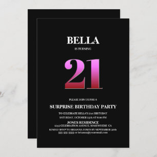Invitation Minimaliste noir et rose Surprise 21e anniversaire