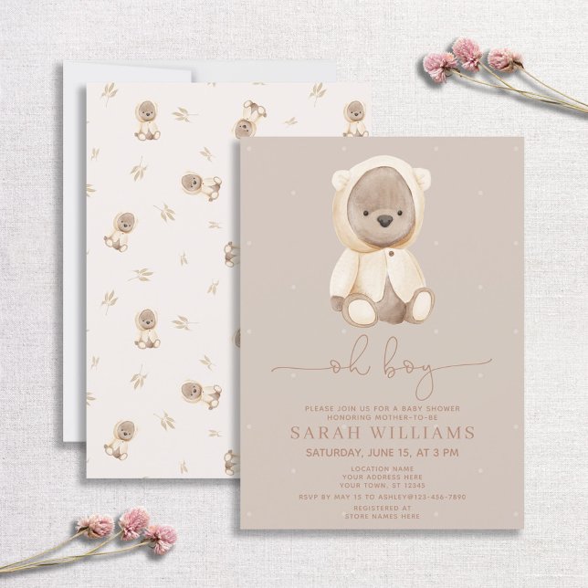 Invitation Minimaliste Oh garçon Baby shower Brown d'ours (Créateur téléchargé)