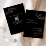 Invitation Minimaliste QR Code Black Floral Line Art Mariage<br><div class="desc">Faire-part de mariage moderne et minimaliste noir et blanc avec élégante calligraphie et dessin de fleurs d'art linéaire avec des informations plus détaillées sur le dos.</div>