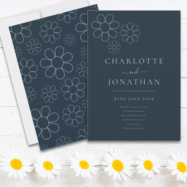 Invitation Minimaliste Retro Daisy Bleu (Minimalist retro daisy blue wedding invitation )