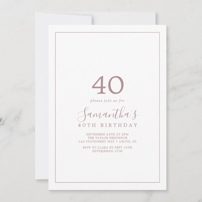 Invitation minimaliste Rose Gold 40th Birthday (Devant)