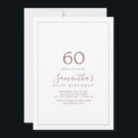 Invitation minimaliste Rose Gold 60e anniversaire<br><div class="desc">Cette invitation minimaliste de 60ème anniversaire en or rose est parfaite pour une simple fête d'anniversaire. Le design romantique moderne est composé d'or rose classique et de typographie blanche associée à une calligraphie rustique mais élégante avec un style vintage lettré à la main. Personnalisable dans n'importe quelle couleur. Gardez le...</div>