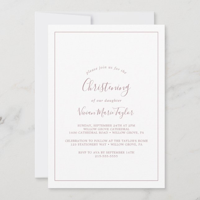 Invitation minimaliste Rose Gold Christening (Devant)