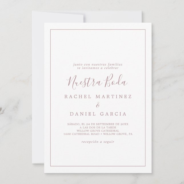 Invitation Minimaliste Rose Gold Espagnol Nuestra Boda (Devant)