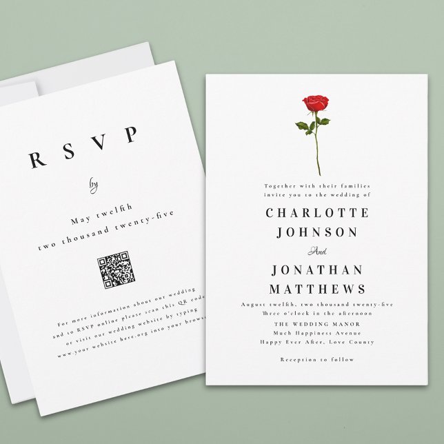 Invitation Minimaliste Rose rouge élégant code QR moderne (Single red rose watercolor elegant modern wedding qr code invitation )