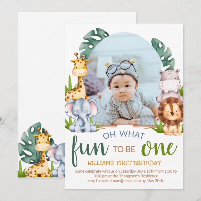 Invitation Minimaliste Safari animal thème photo Anniversaire (Devant / Derrière)