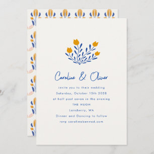 Invitation Minimaliste Scandi Folk Floral Bleu Jaune Mariage
