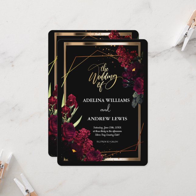 Invitation Minimaliste simple Rose rouge, Gold Frame invitati (Devant/Arrière en situation)