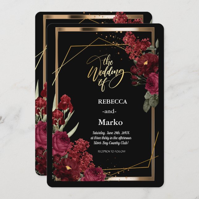 Invitation Minimaliste simple Rose rouge, Gold Frame invitati (Devant / Derrière)