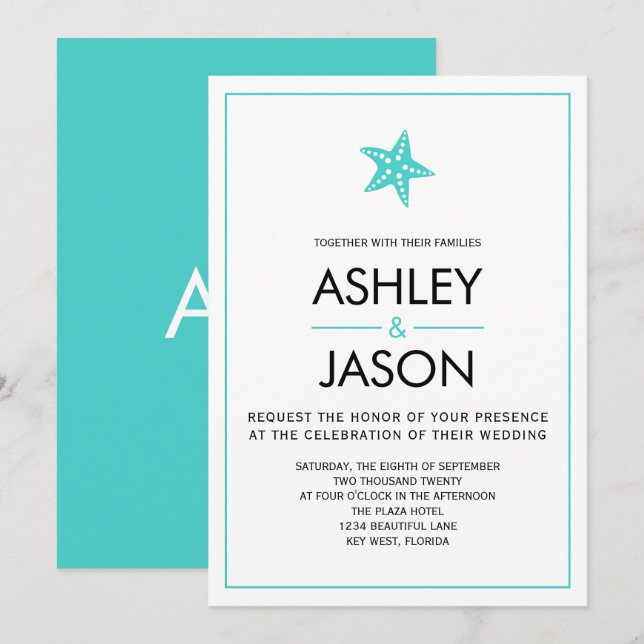 Invitation minimaliste Starfish Beach Wedding, Aqu (Devant / Derrière)