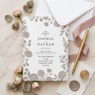 Invitation Minimaliste Taupe Floral Élégant Neutre Champagne 