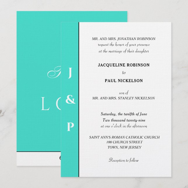 Invitation Minimaliste Turquoise Blanc Monogramme  (Devant / Derrière)