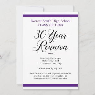 Invitation Minimaliste violet et blanc 30 ans Réunion de clas