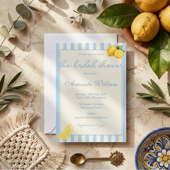 Invitation Minimes Rayures Bleu Clair Citrons Réception de Ma (Créateur téléchargé)