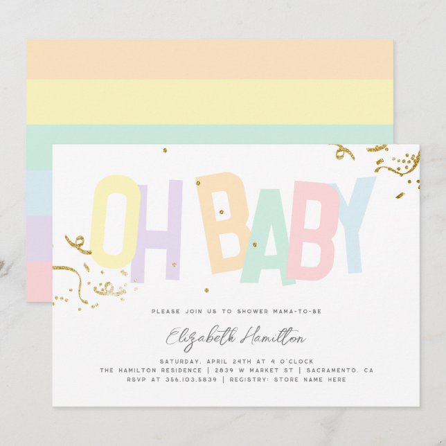 Invitation Minimum Rainbow Genre Neutre Oh Baby shower (Devant / Derrière)