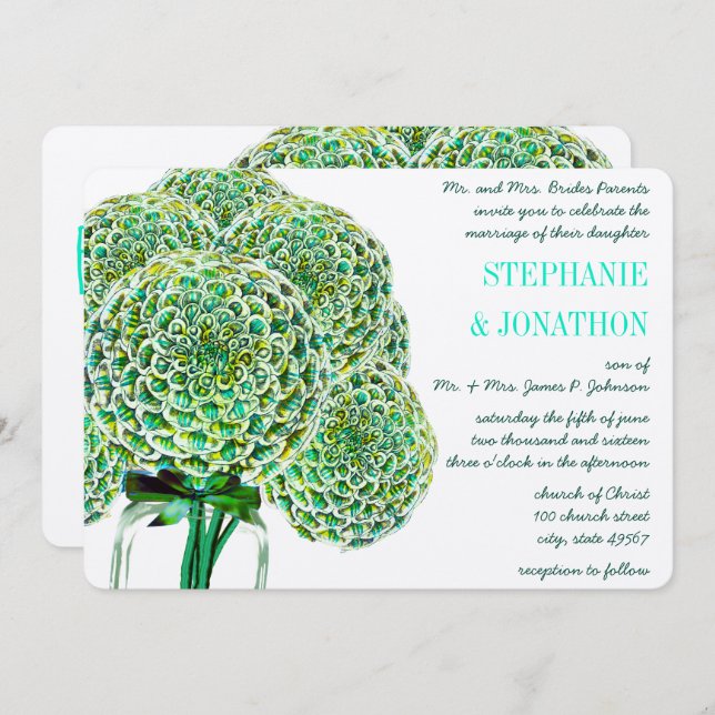 Invitation Mint and Emerald Zinnia Mason Jar Wedding Invites (Devant / Derrière)