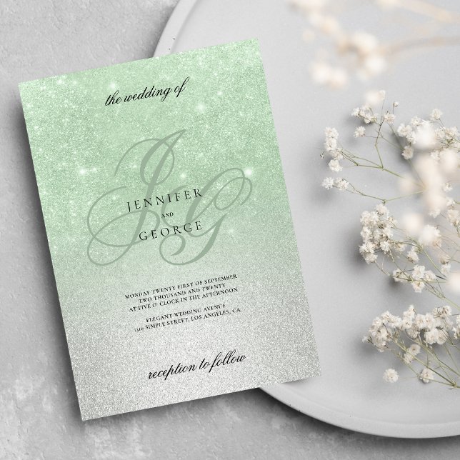 Invitation Mint argent monogramme initial ombre parties scint (Mint silver monogram initials ombre glitter wedding)