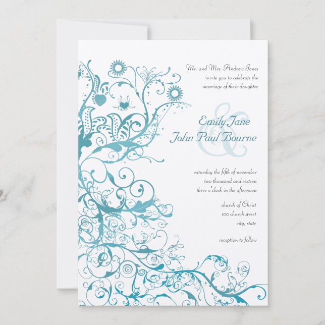 Invitation Mint Birds Swirls Wedding Invite (Devant)