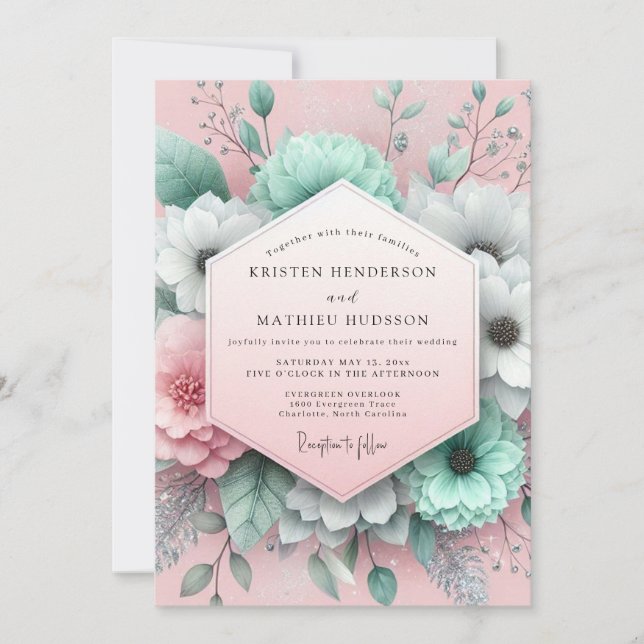 Invitation Mint Blush Painterly Flora Wedding (Devant)