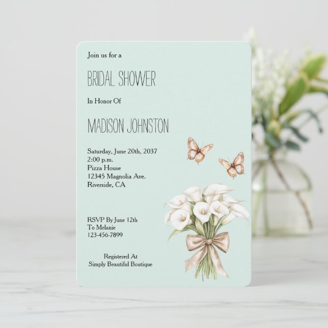 Invitation Mint Calla Lilly Floral Butterflies Bridal Shower (Debout devant)