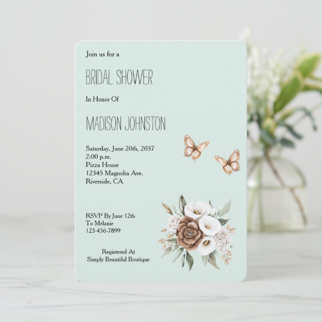 Invitation Mint Calla Lilly Flowers Butterflies Bridal Shower (Debout devant)