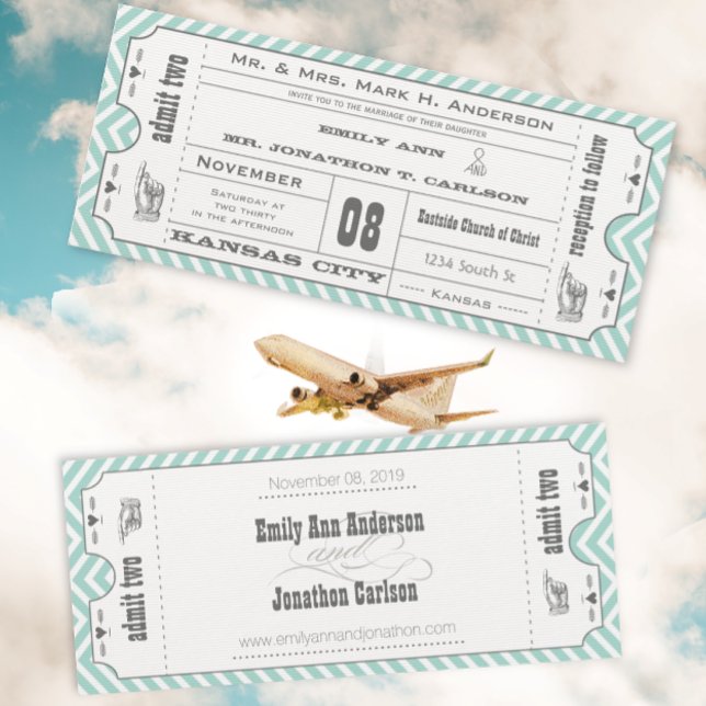 Invitation Mint Chevron Zigzag Vintage Modern Ticket Mariage (Créateur téléchargé)