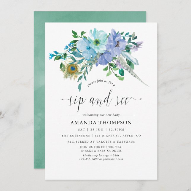 Invitation Mint et bleu Aquarelle Boho Sip et voir (Devant / Derrière)