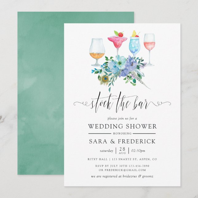 Invitation Mint et bleu boho floral Stock le bar (Devant / Derrière)