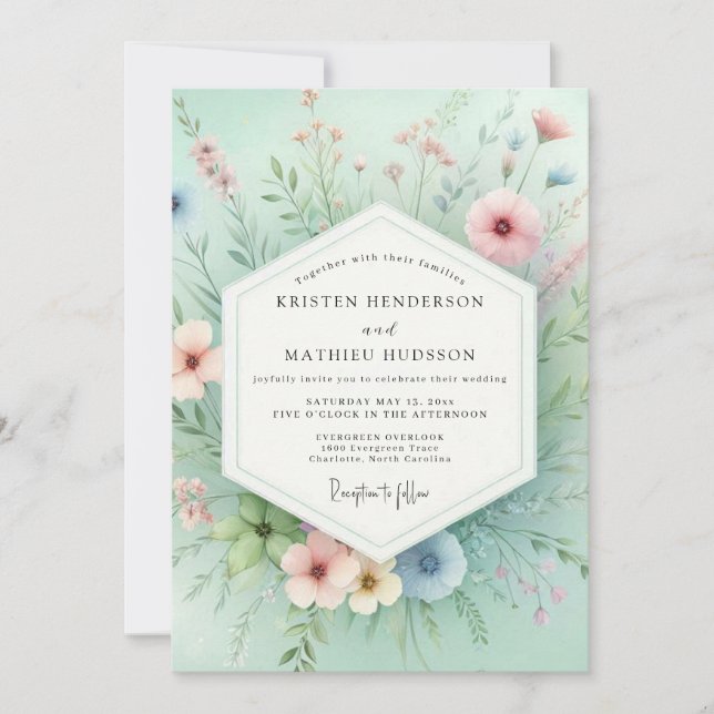 Invitation Mint Floral Meadow Romance Wedding (Devant)