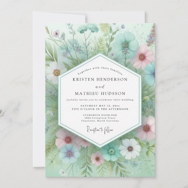 Invitation Mint Floral Whimsical Wedding (Devant)
