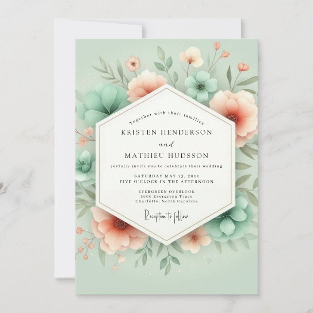 Invitation Mint Floral Whimsy Romance Wedding (Devant)