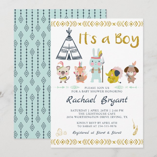Invitation Mint Gold Boho Animaux C'est un Baby shower garçon (Devant / Derrière)