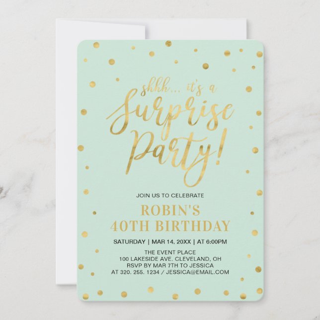 Invitation Mint & Gold | Fête surprise d'anniversaire pour ad (Devant)