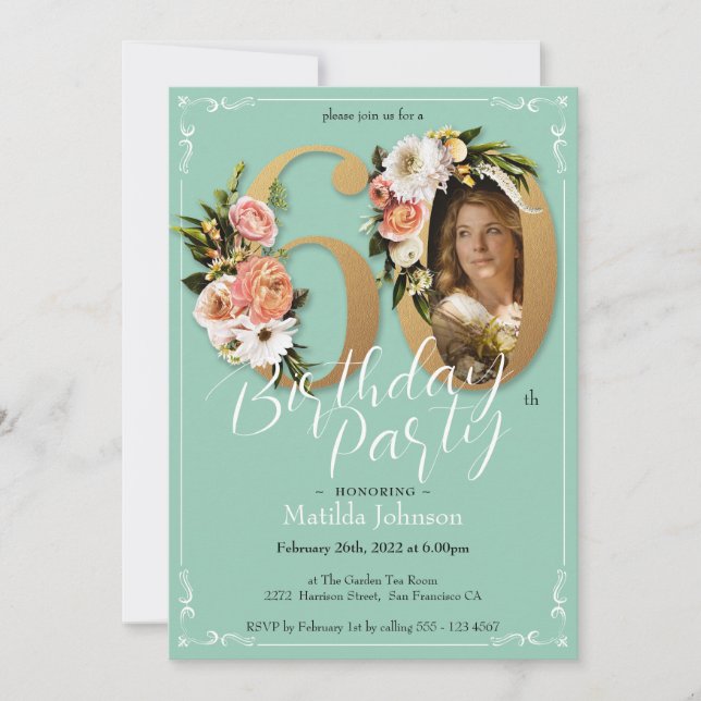 Invitation Mint Gold Floral Boho Photo personnalisée 60e anni (Devant)