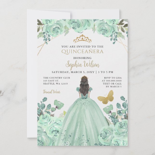 Invitation Mint Gold Floral Princess Quinceañera Quince (Devant)