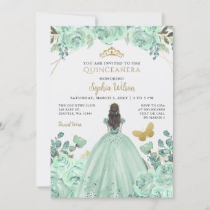Invitation Mint Gold Floral Princess Quinceañera Quince