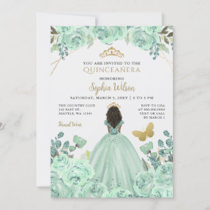 Invitation Mint Gold Floral Princess Quinceañera Quince